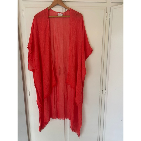 Free People Sweaters - Free People x All Tous Coral Orange Mesh Knit Frayed Kimono Wrap One Size